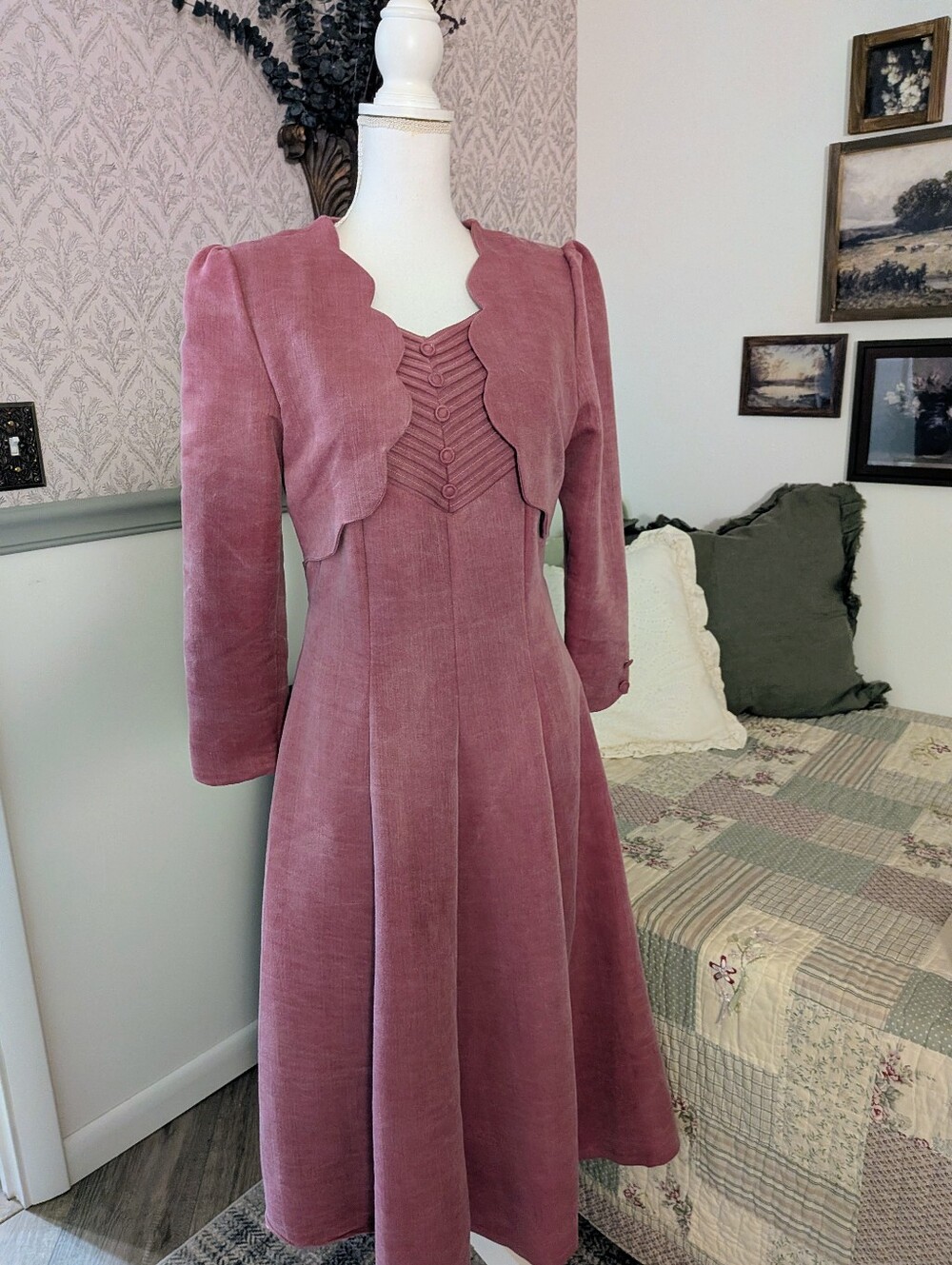 Vintage 80s Dusty Rose 40s Style Dress Scalloped Bolero Midi Romantic Cottagecor